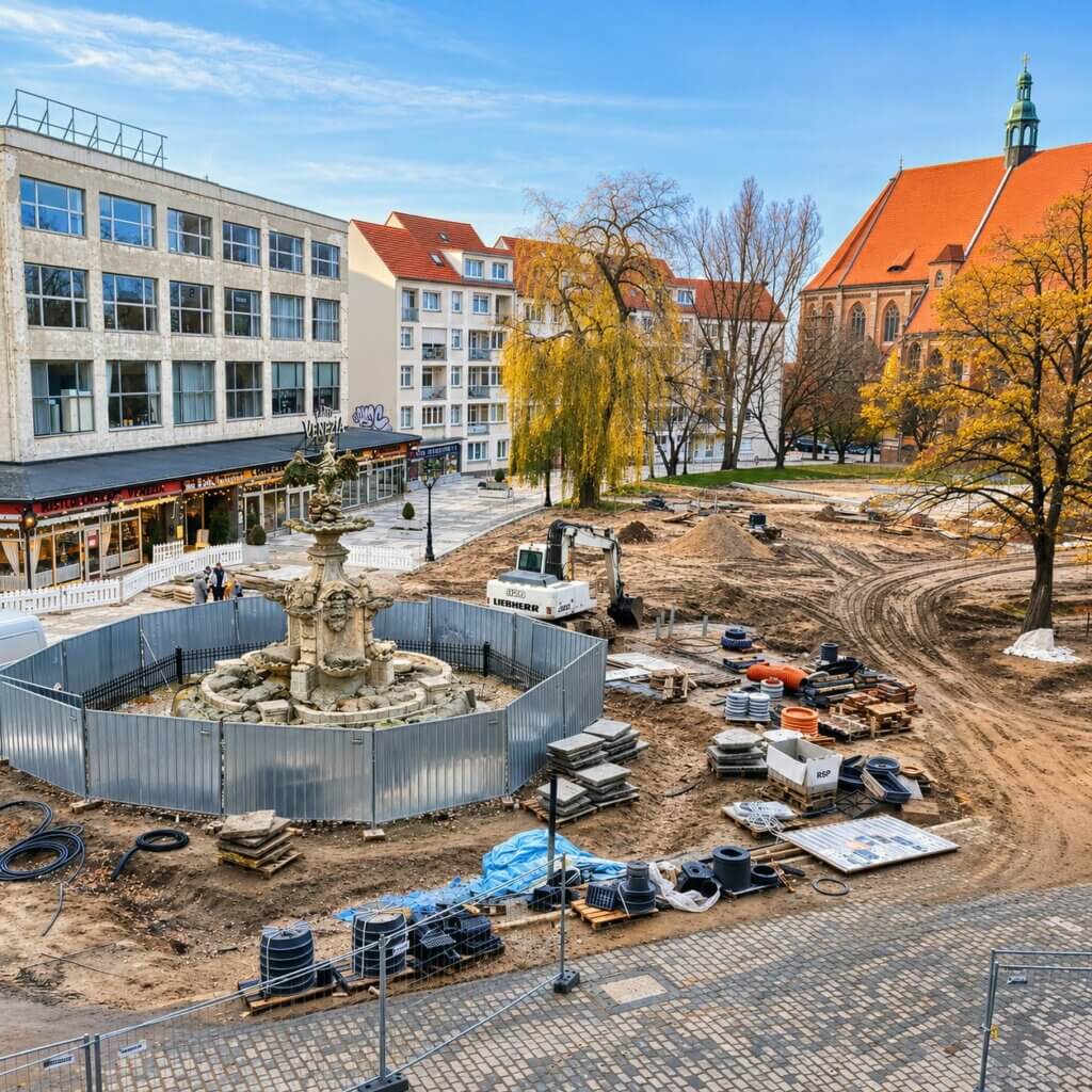 Plac Orła Białego w Szczecinie w trakcie przebudowy, w tle Pałac pod Globusem
