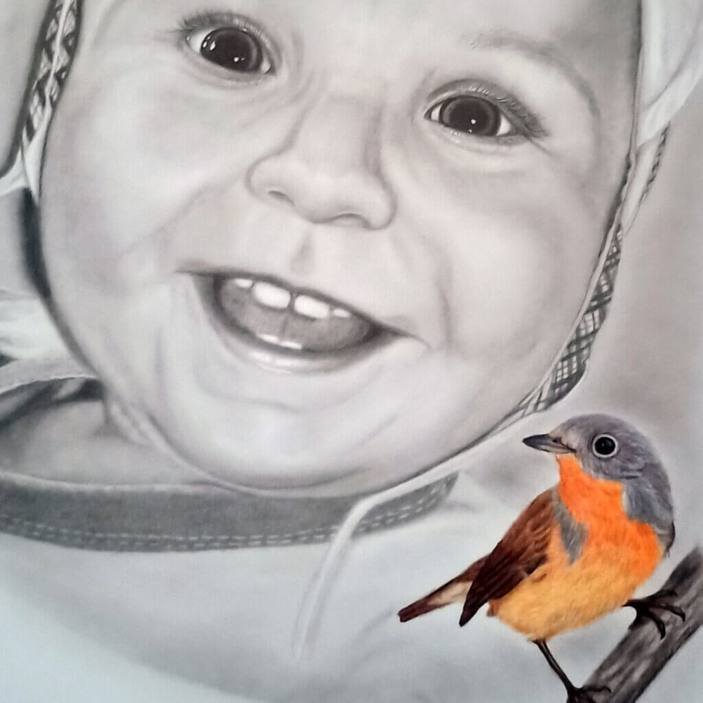 Rysunek Anety Goludy: portret uśmiechniętego niemowlęcia i ptak siedzący na gałęzi